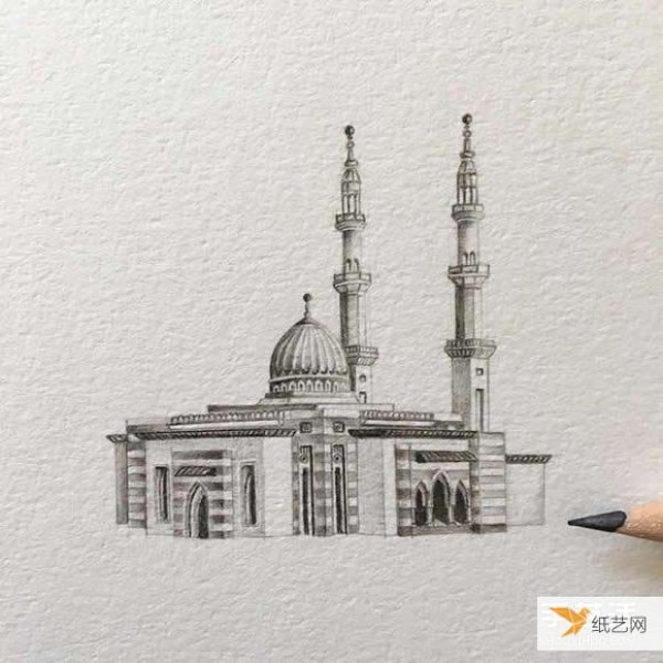 Feel the majesty and magnificence of the mosque. Very detailed architectural pencil sketch