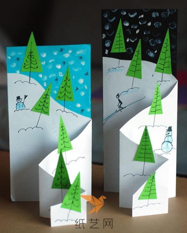 Tutorial on making Christmas three-dimensional greeting cards with childrens handmade Christmas trees