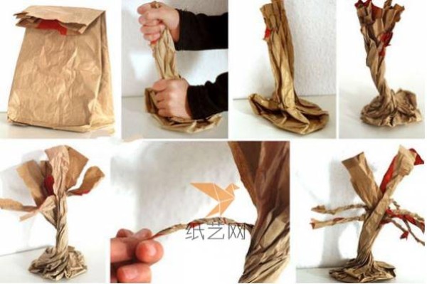 DIY tutorial on using waste shopping paper bags to make tree decorations