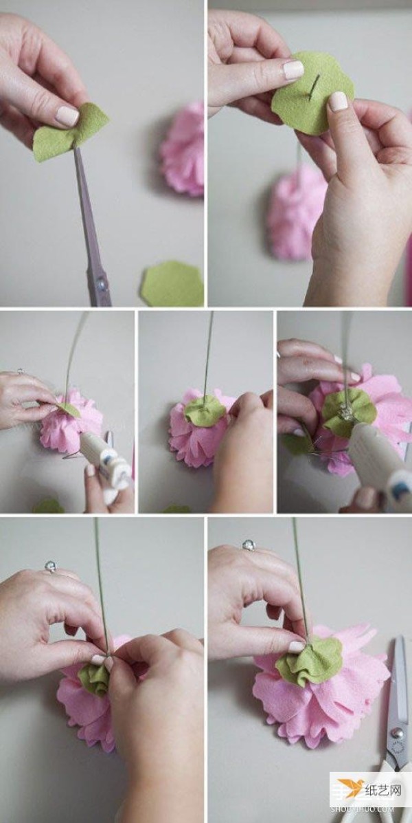 Tutorial illustration of handmade fabric peony flowers using non-woven fabrics