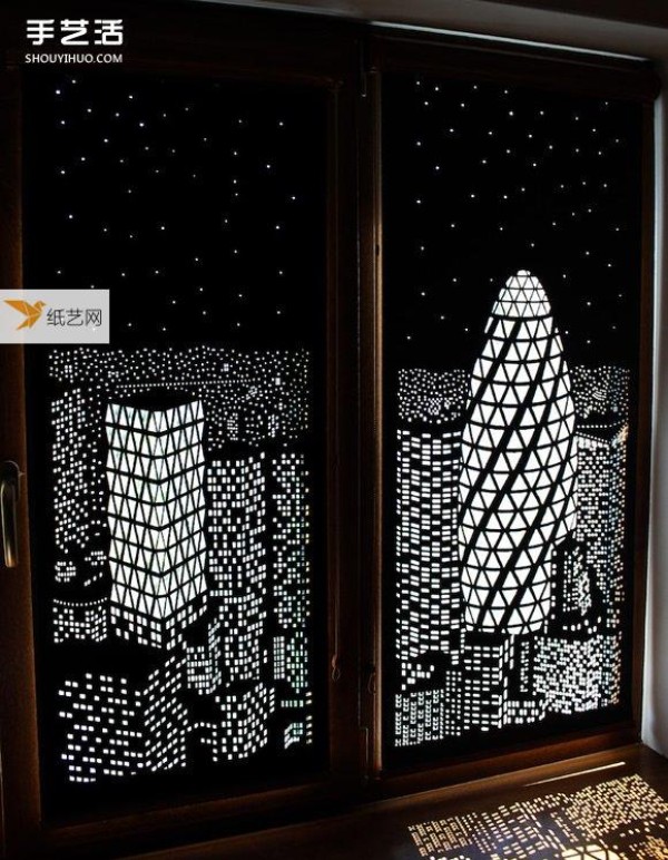 Ukrainian handmade city silhouette curtains engraved with daytime limits and night scenes