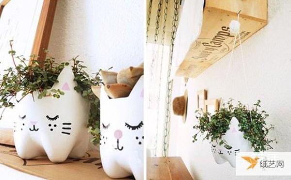 How to make a personalized cat flower pot using waste plastic beverage bottles