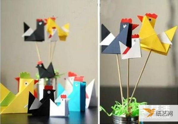 Illustrated tutorial for folding origami three-dimensional rooster for children