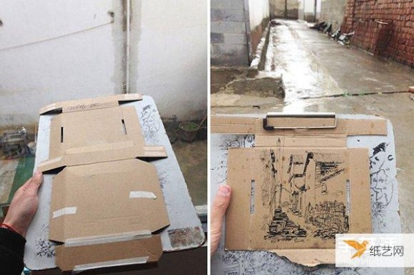 A hand-painted creative work outlining a waste cardboard box full of hometown flavor