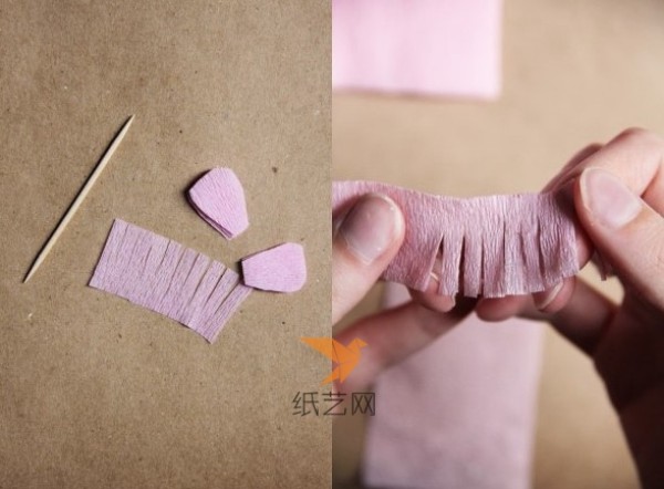 Illustrated handmade paper craft tutorial for quickly making paper flowers using crepe paper toothpicks