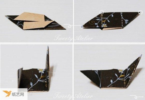 Illustration of how to fold a three-dimensional diamond-shaped origami packaging box or pendant