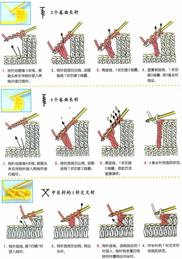 Basic introductory tutorial on crochet: 3 long curly stitches, 4 long curly stitches and 1 stitch of medium length cross stitch symbols and knitting methods