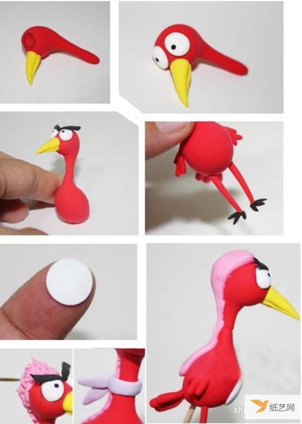 Make an angry flamingo doll using plasticine clay