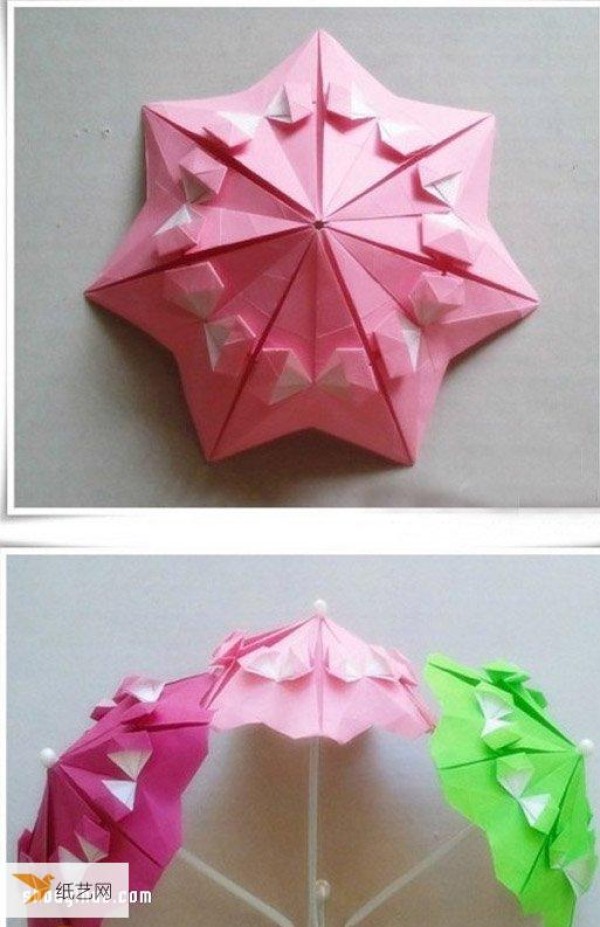 Illustrated method of folding an origami parasol by hand