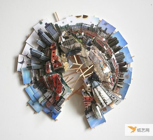 Three-dimensional city paper sculpture art: splicing multiple photos into a panoramic picture