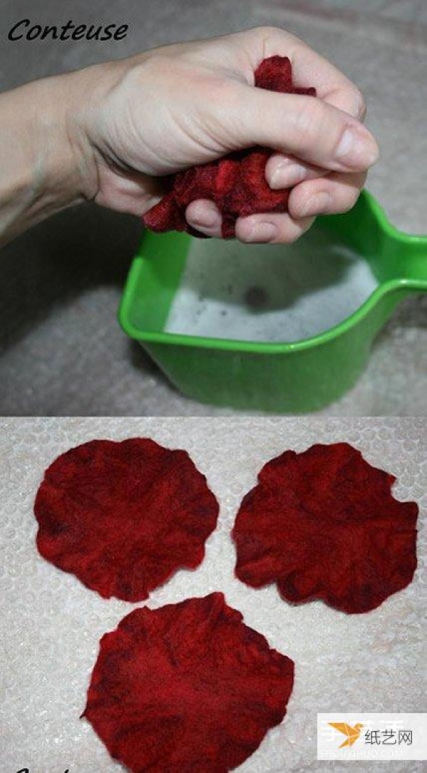 Illustrated step-by-step tutorial on how to make a beautiful and personalized wet felt flower brooch.