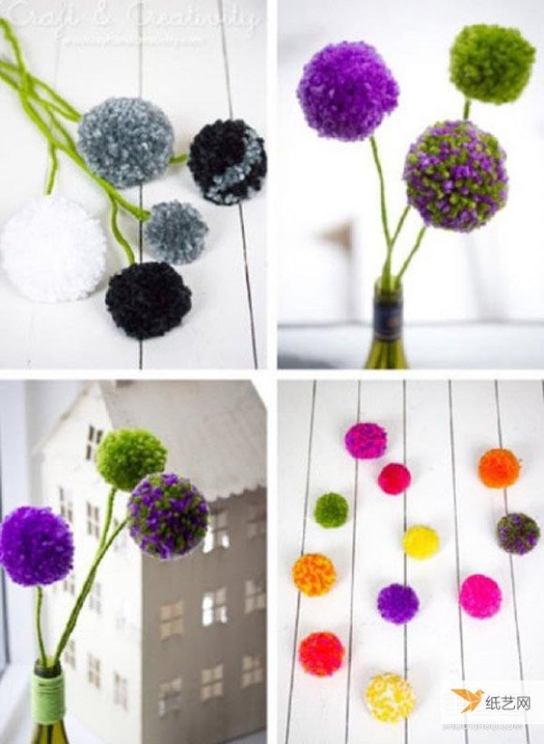 Details and illustrated steps on how to make beautiful yarn bouquets