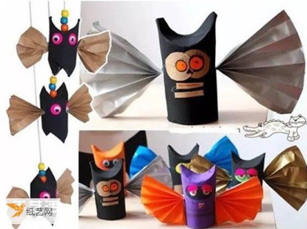 Illustrated tutorial on how to make a children’s bat model using paper rolls