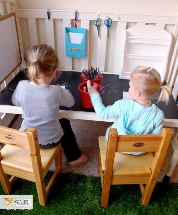 Step-by-step pictures of how to transform a crib into a creative desk