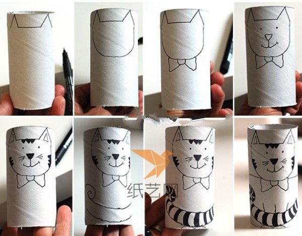 Tutorial for children to make cats by using waste from toilet paper tubes