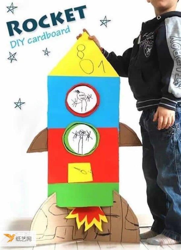 Illustration of how to make a homemade rocket model using corrugated paper