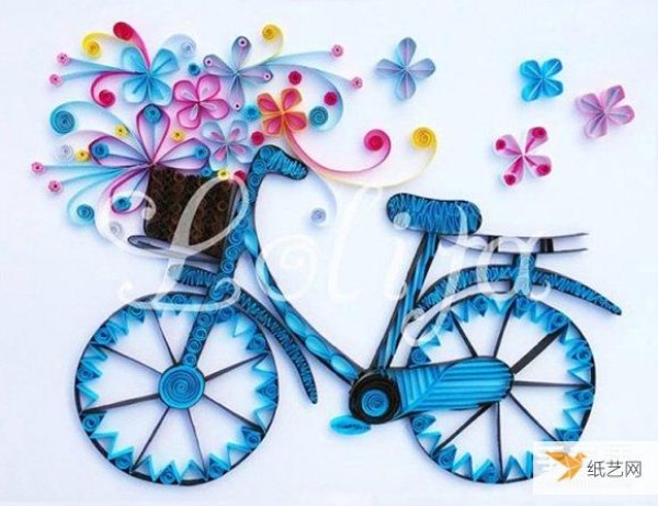 Illustrated steps on how to use quilled paper to make a personalized rolling paper bicycle