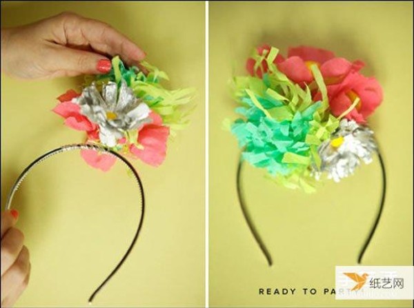 Tutorial illustration of using crepe paper to fold and make beautiful headbands