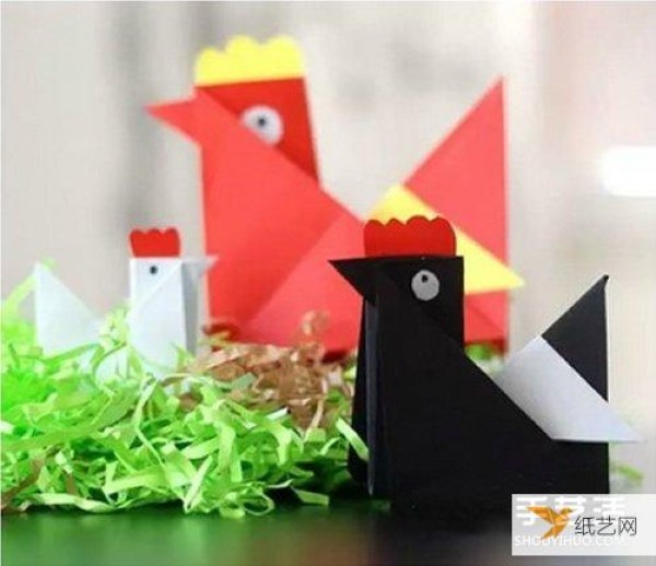 Illustrated tutorial for folding origami three-dimensional rooster for children