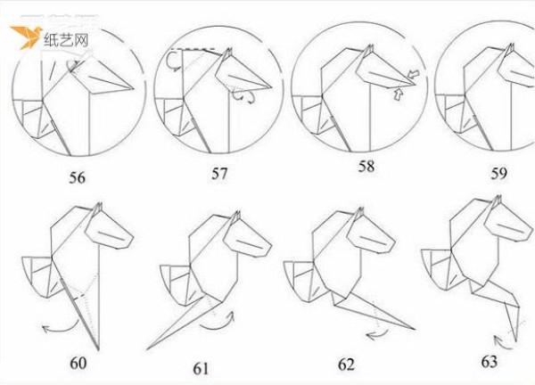 A very detailed illustrated tutorial on how to fold a three-dimensional paper horse by hand