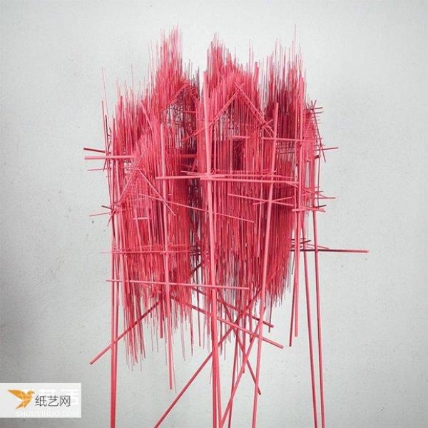 This is not a sketch. It is a sculpture woven from waste materials such as steel bars and piano strings.