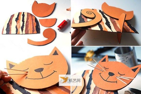 Illustration of how kindergarten children use cardboard to make cats by hand