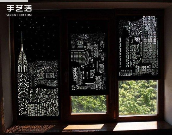 Ukrainian handmade city silhouette curtains engraved with daytime limits and night scenes