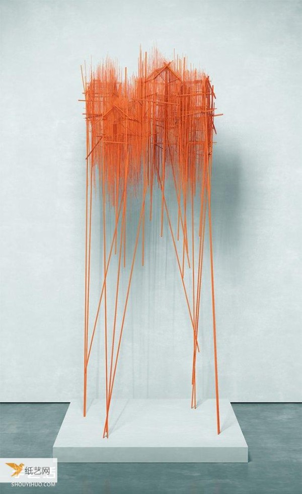 This is not a sketch. It is a sculpture woven from waste materials such as steel bars and piano strings.