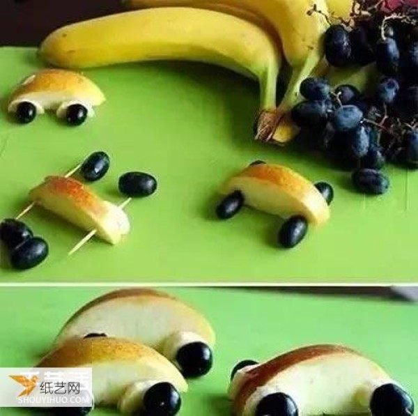 Kindergarten children use fruits to make simple and cute pictures of cars