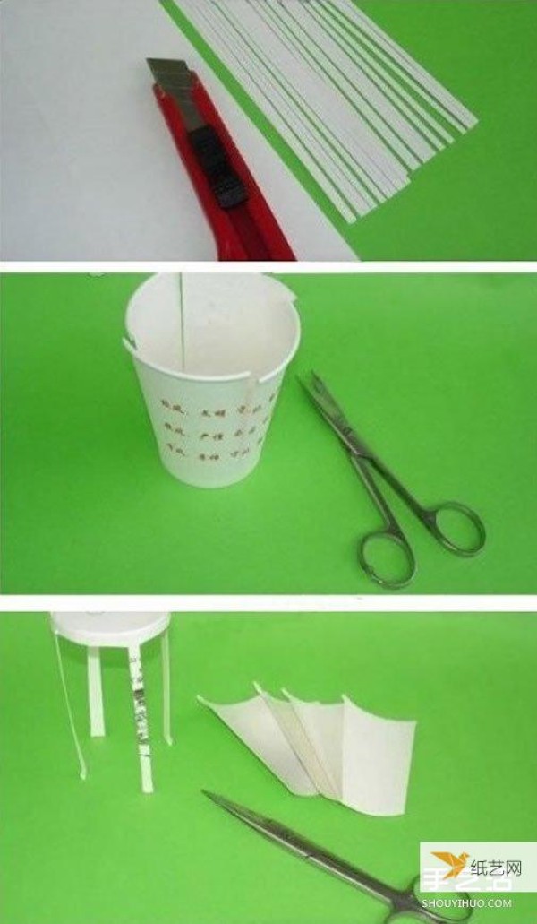 Illustrated tutorial on how to make a wicker chair by hand using disposable paper cups