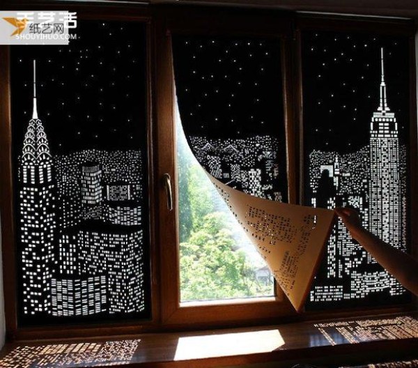 Ukrainian handmade city silhouette curtains engraved with daytime limits and night scenes