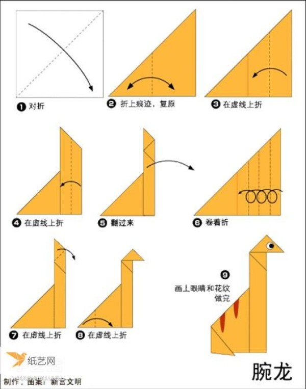 A very simple origami dinosaur folding method for children with complete illustrations