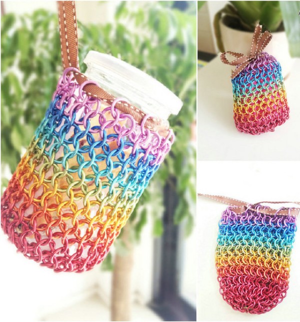 DIY illustrated tutorial for weaving beautiful rainbow decorative woven bags with metallic threads