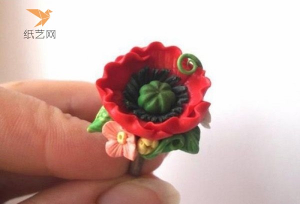 Pottery Tutorial Soft Clay Clay Red Flowers and Green Leaves Decoration Ring