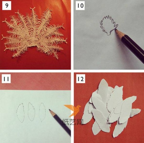 Manual illustrated step-by-step tutorial on three-dimensional paper carving of peacock