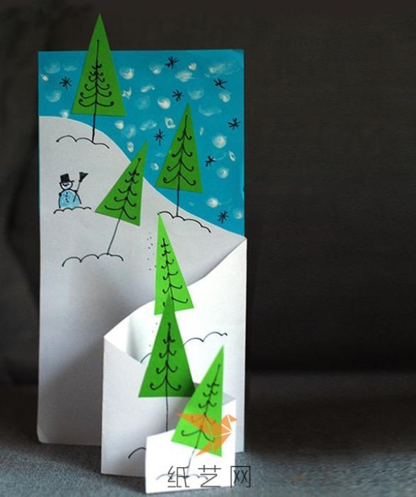 Tutorial on making Christmas three-dimensional greeting cards with childrens handmade Christmas trees