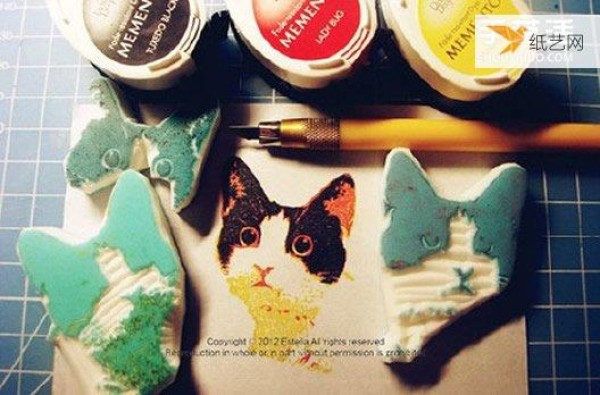 Illustration of how to make a simple and easy-to-learn cat pattern rubber stamp