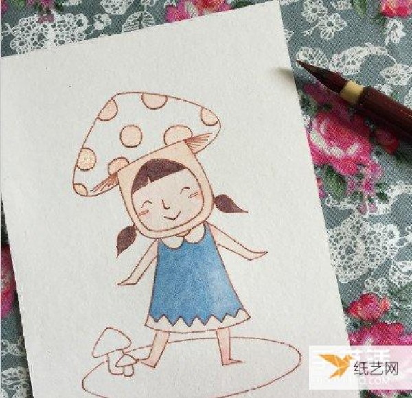 Teach you how to color how to draw a cute little girl playing the role of a mushroom