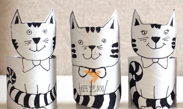 Tutorial for children to make cats by using waste from toilet paper tubes