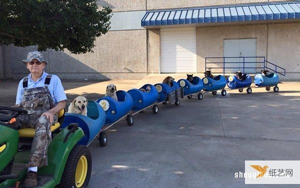 80-year-old man builds dog train to take adopted stray dogs for a ride