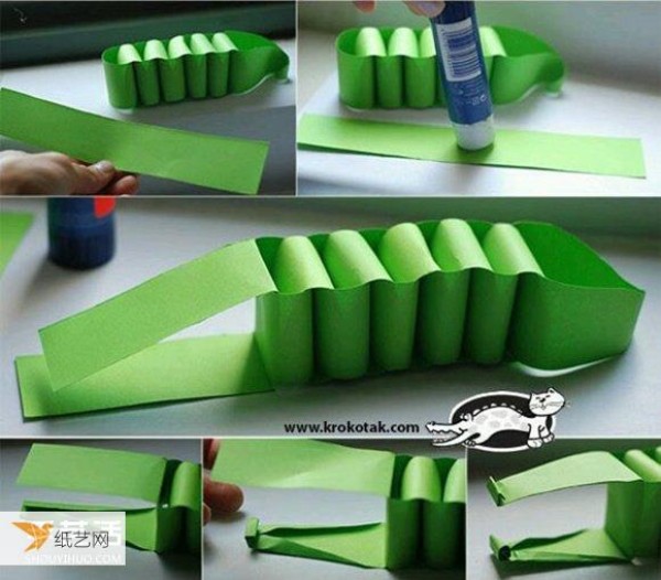 Illustrated tutorial on how to make a childrens toy crocodile using A4 paper