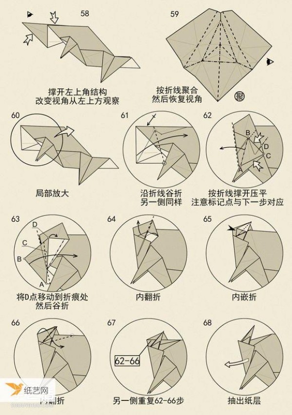 Illustration of the steps for folding the twelve zodiac ox by hand