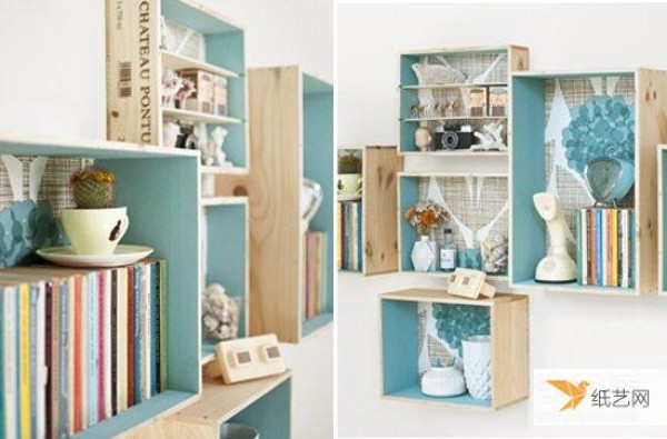 Illustration of how to use old drawers to transform into modular wall storage cabinets