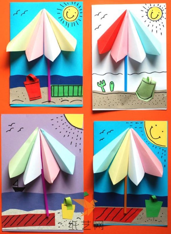 Childrens handmade origami summer beach three-dimensional pasting