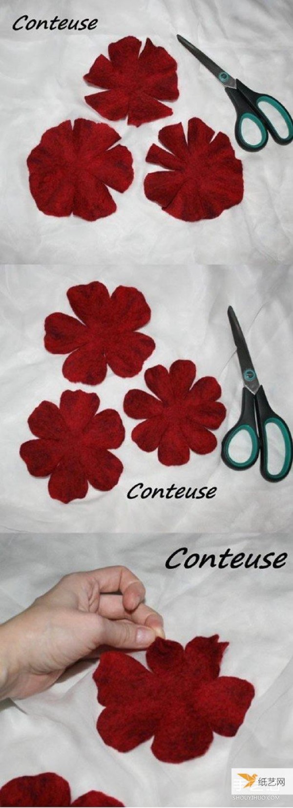 Illustrated step-by-step tutorial on how to make a beautiful and personalized wet felt flower brooch.