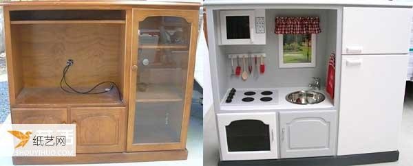 Illustrated tutorial on how to transform an old TV cabinet into a personalized children’s toy kitchen