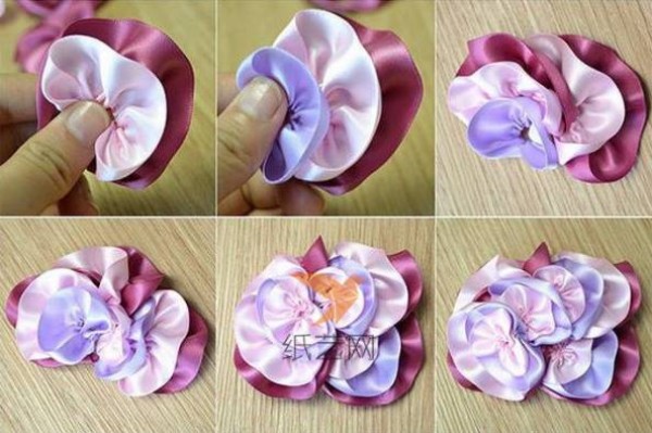 Illustrated tutorial on making handmade ribbon flowers for hairpin decoration