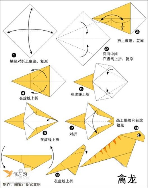 A very simple origami dinosaur folding method for children with complete illustrations