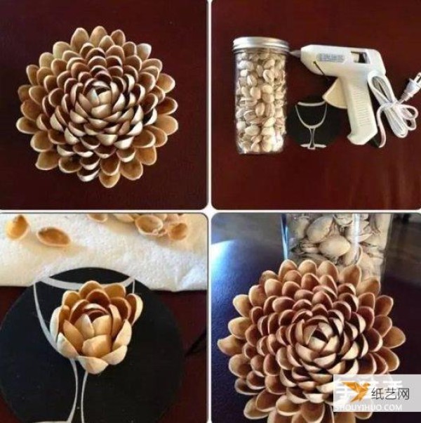 Use pistachio shells to make creative lotus decorative stickers