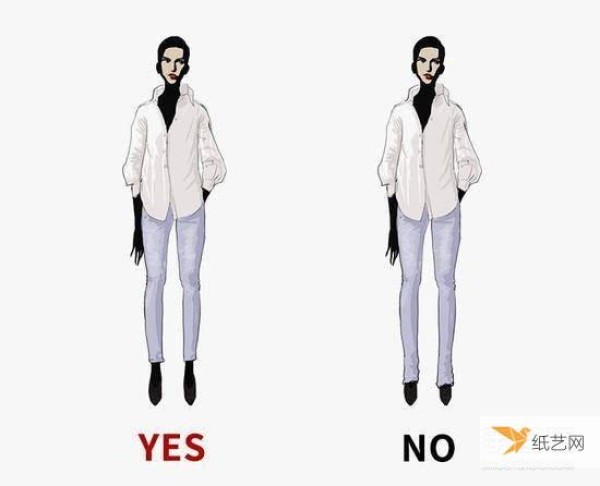 Very simple illustration of dressing rules. Good proportions can highlight tallness and thinness